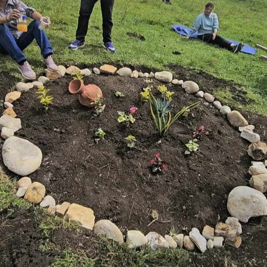 Personas alrededor de un pequeño jardín delimitado con piedras.
